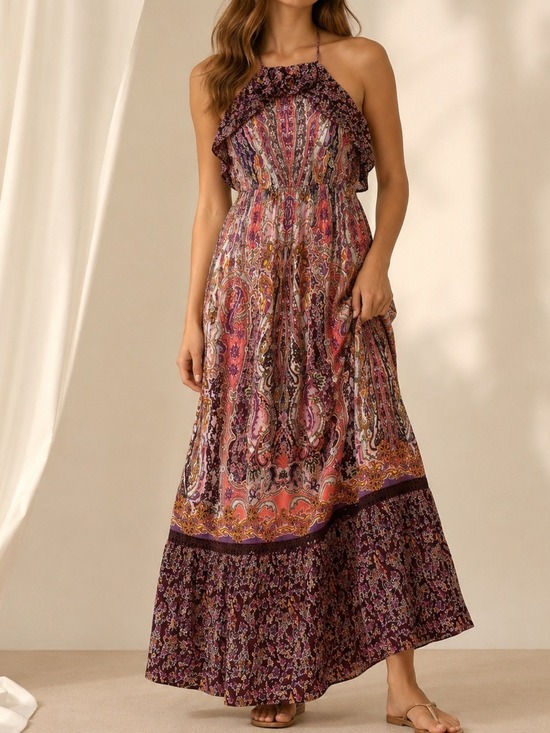 miami Dresses & Skirts - Mi Ami Francesca Paisley Halter Boho Maxi Dress Festival Hippie Large